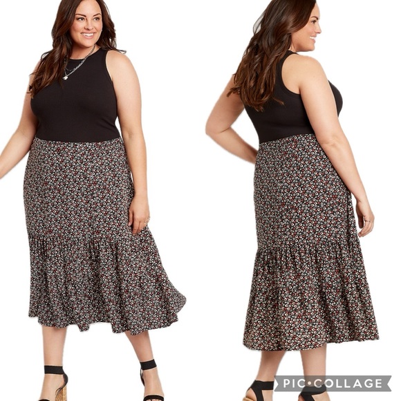 Maurices Ditsy Floral High Rise Ruffle Tiered Pull On Midi Skirt Flowy Textured - Picture 2 of 16